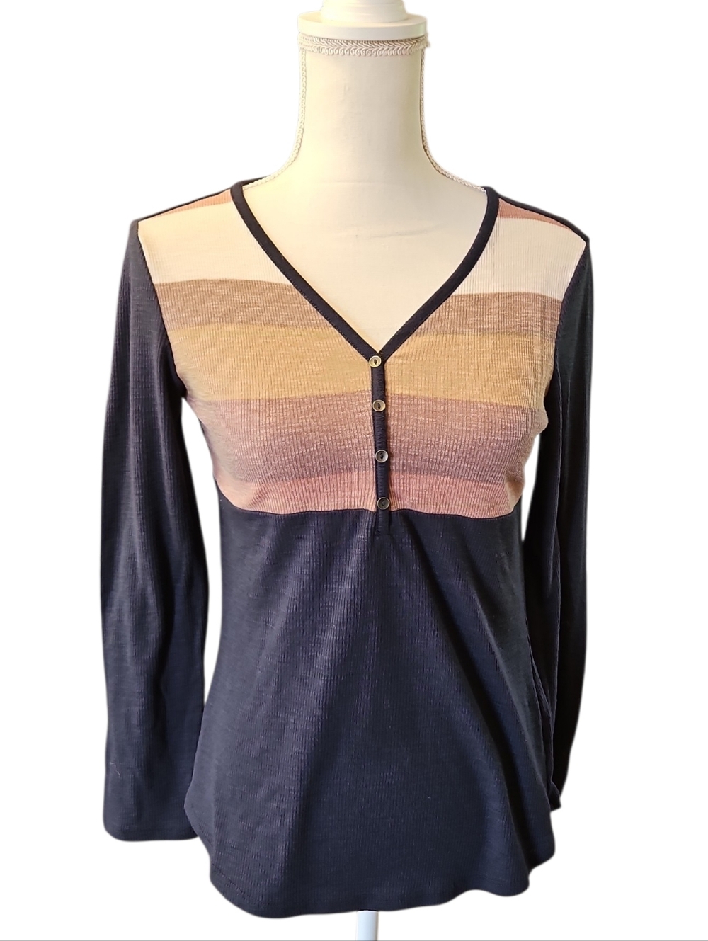 Striped Long Sleeve Henley Top Maurices Blue Pink Brown Size Medium